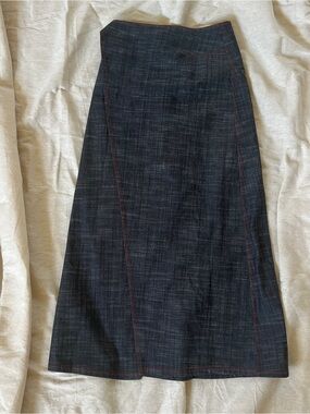 Denim A-Line Midi Skirt with Subtle Red Pinstitch
